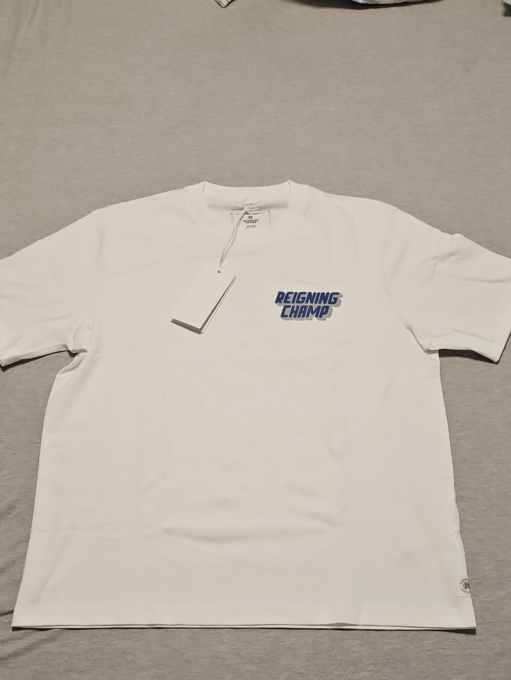Reigning Champ White Tee with Blue Chest Logo